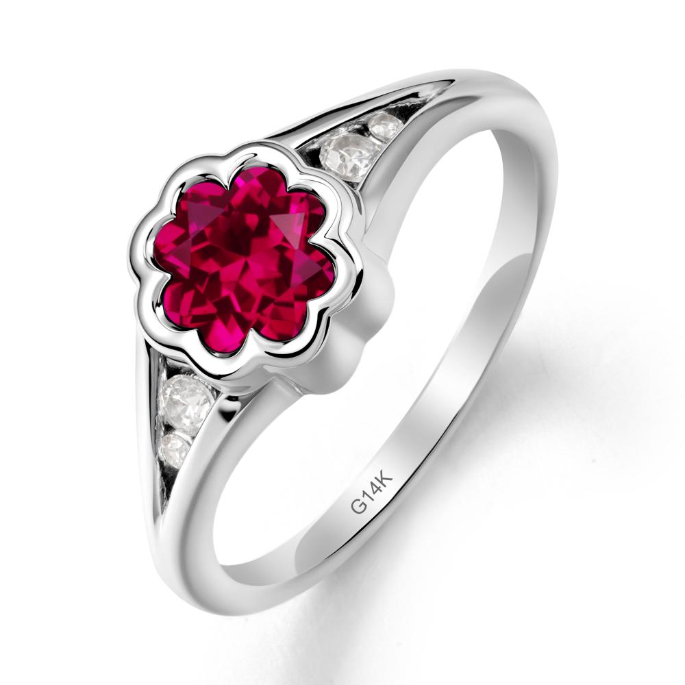 Flower Shaped Ruby Ring with Bezel Setting - LUO Jewelry #metal_14k white gold