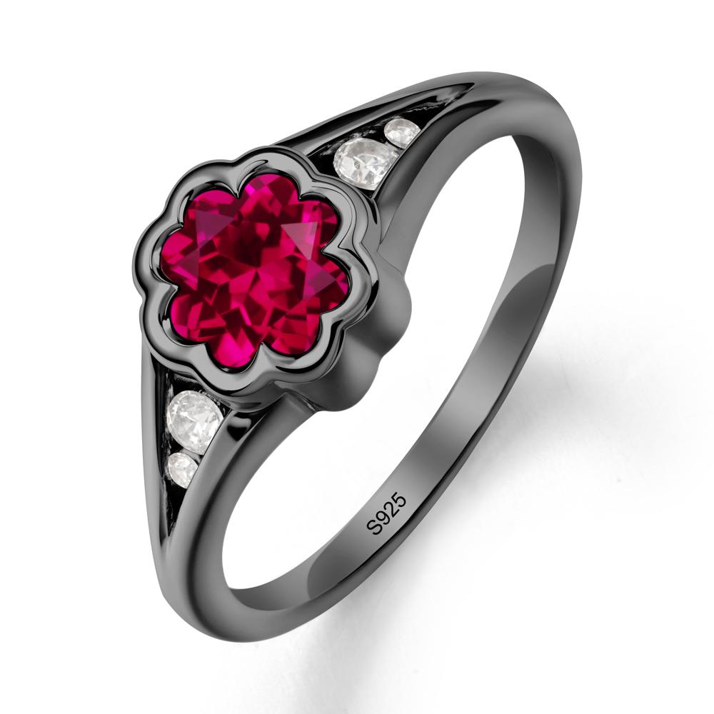 Flower Shaped Ruby Ring with Bezel Setting - LUO Jewelry #metal_black finish sterling silver