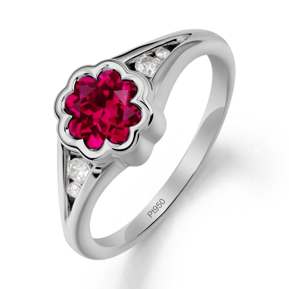 Flower Shaped Ruby Ring with Bezel Setting - LUO Jewelry #metal_platinum
