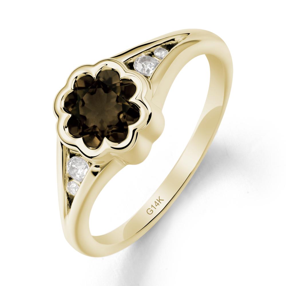 Split Band Flower Shaped Smoky Quartz Ring - LUO Jewelry #metal_14k yellow gold