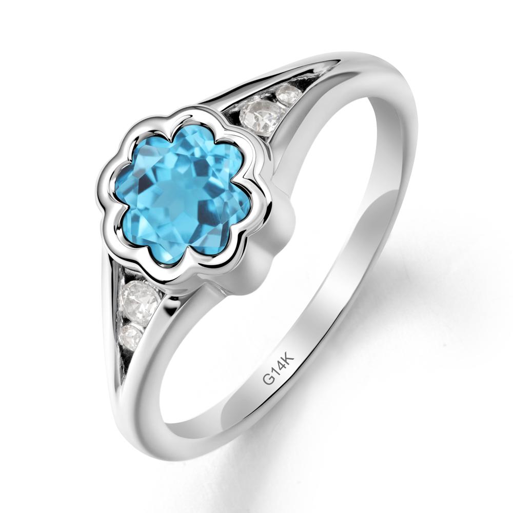 Flower Shaped Swiss Blue Topaz Ring with Bezel Setting - LUO Jewelry #metal_14k white gold