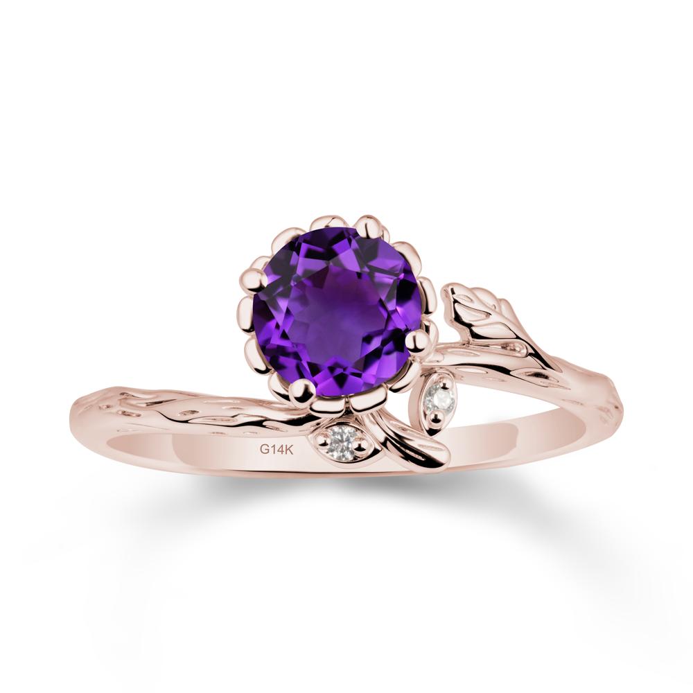 Woodgrain Textured Band Floral Amethyst Ring - LUO Jewelry #metal_14k rose gold