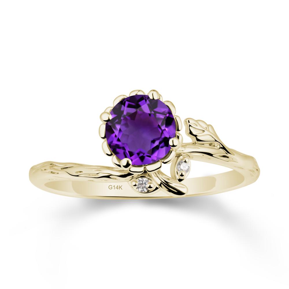 Woodgrain Textured Band Floral Amethyst Ring - LUO Jewelry #metal_14k yellow gold