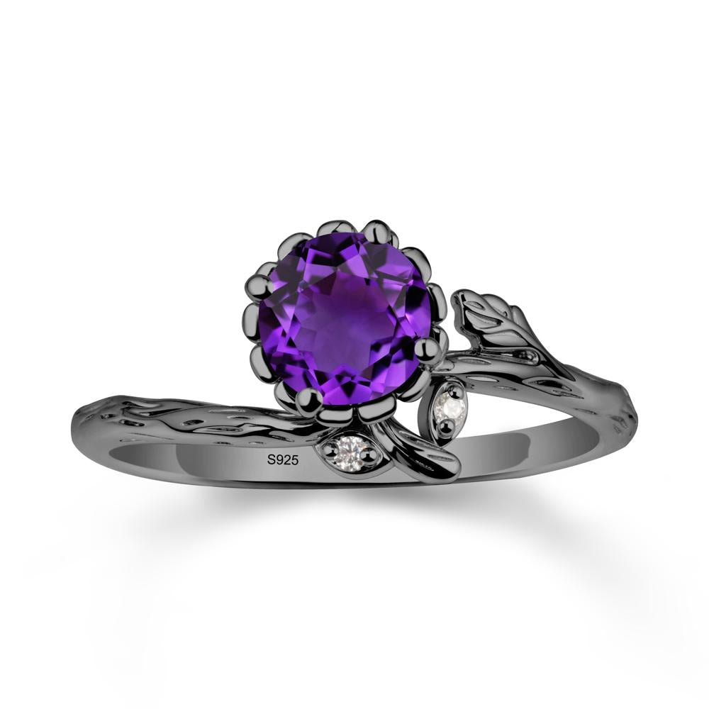 Woodgrain Textured Band Floral Amethyst Ring - LUO Jewelry #metal_black finish sterling silver
