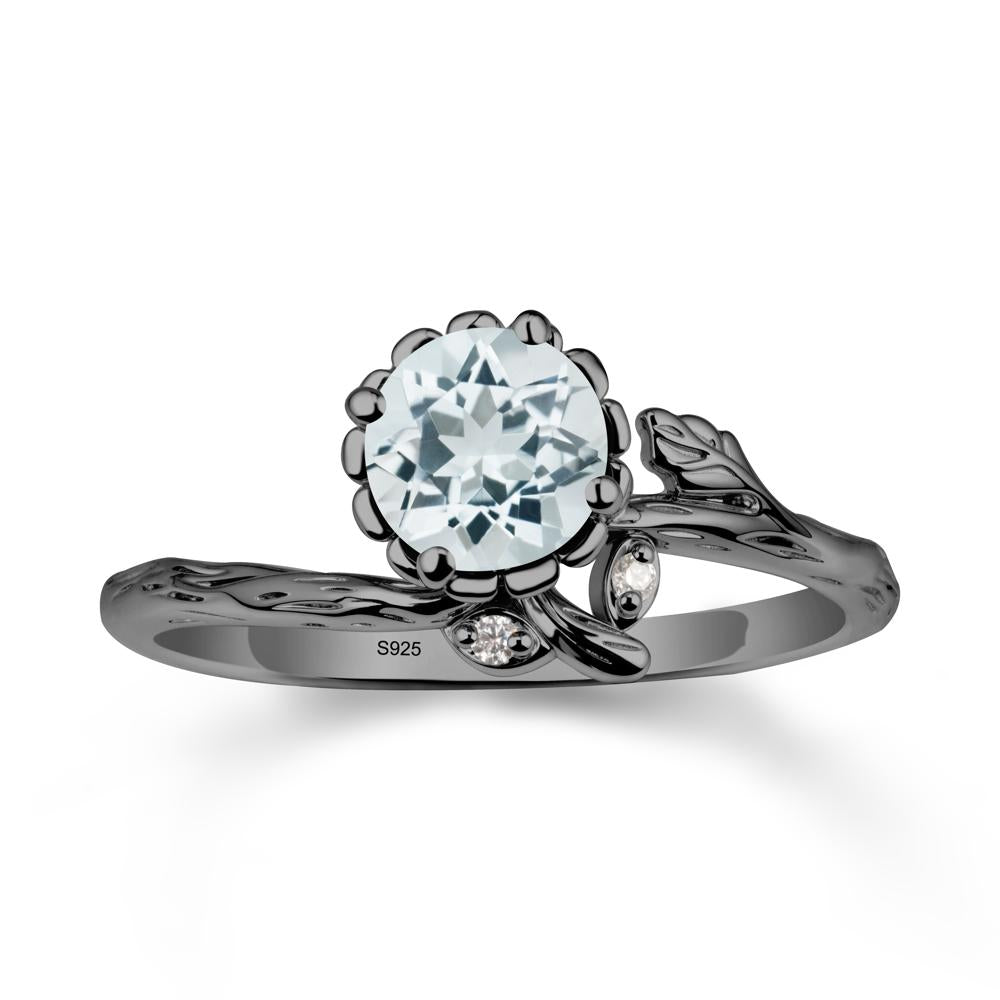 Floral Aquamarine Ring with Leaf - LUO Jewelry #metal_black finish sterling silver