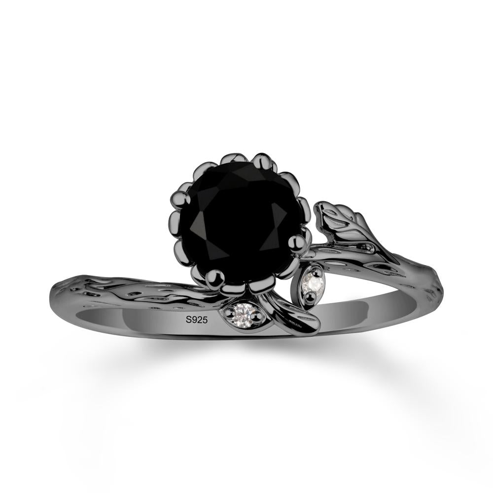 Woodgrain Textured Band Floral Black Spinel Ring - LUO Jewelry #metal_black finish sterling silver
