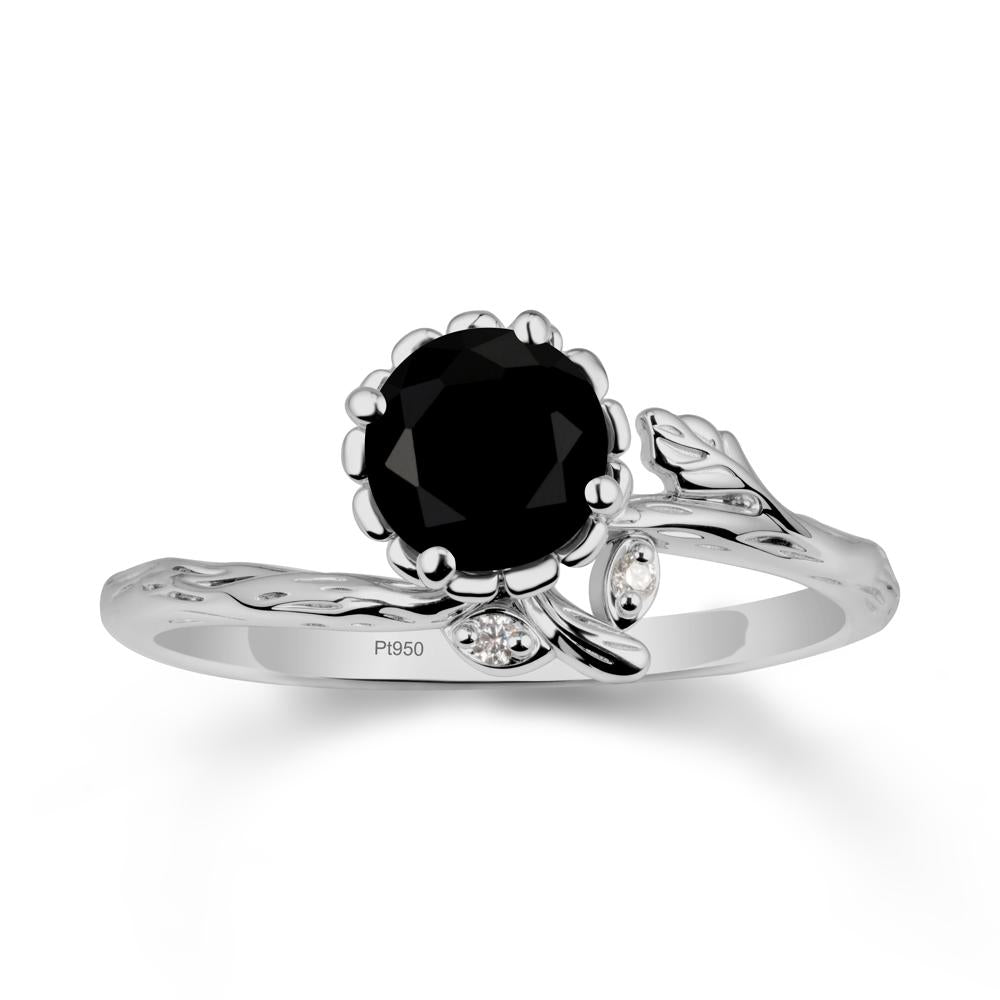 Woodgrain Textured Band Floral Black Spinel Ring - LUO Jewelry #metal_platinum