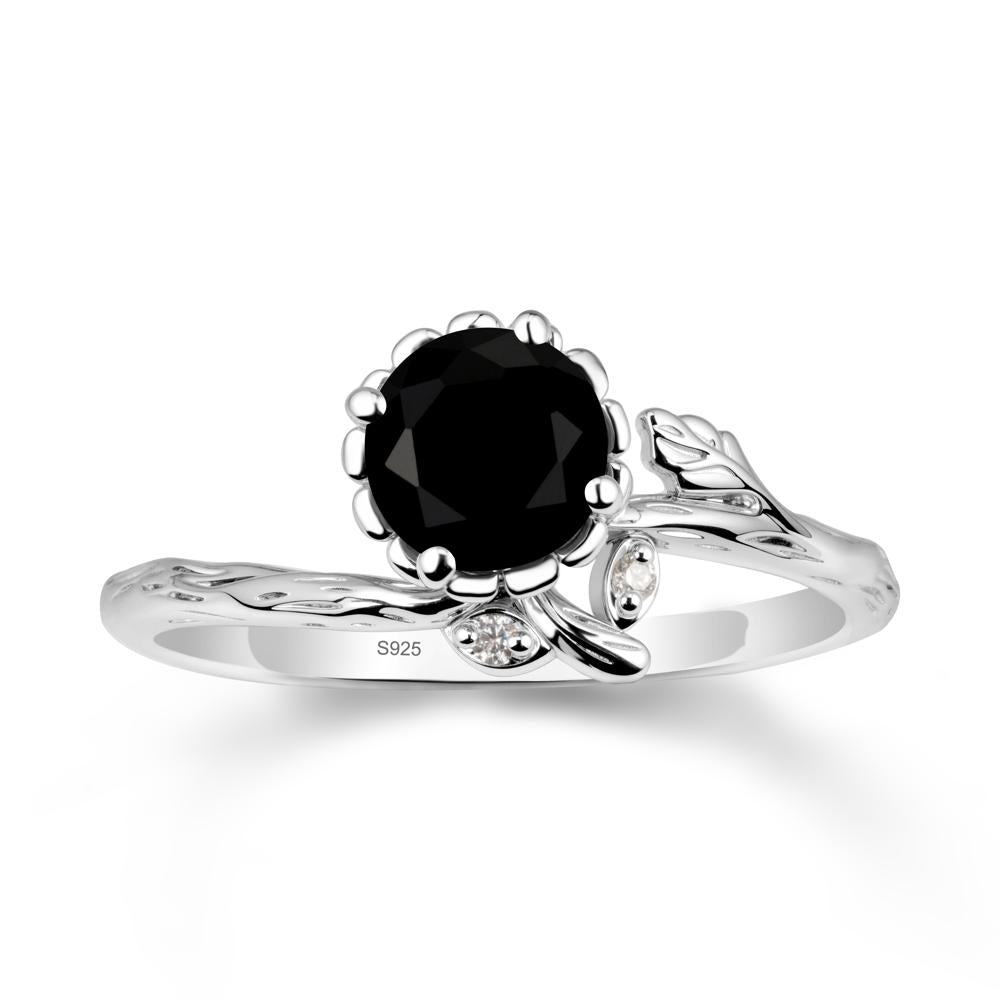 Woodgrain Textured Band Floral Black Spinel Ring - LUO Jewelry #metal_sterling silver