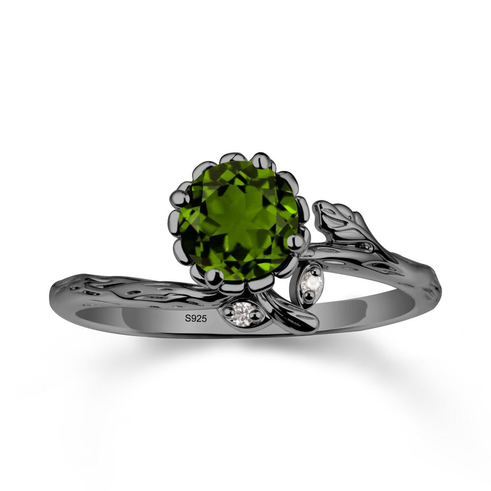 Woodgrain Textured Band Floral Diopside Ring - LUO Jewelry #metal_black finish sterling silver
