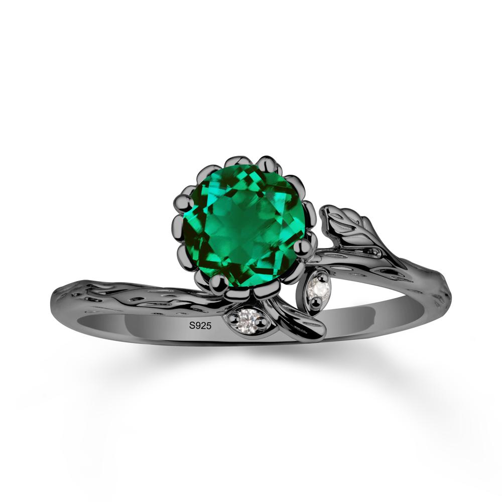 Floral Emerald Ring with Leaf - LUO Jewelry #metal_black finish sterling silver
