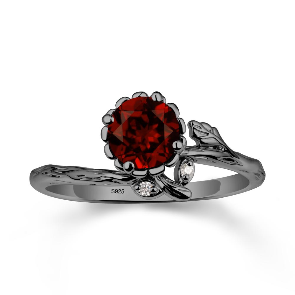 Woodgrain Textured Band Floral Garnet Ring - LUO Jewelry #metal_black finish sterling silver