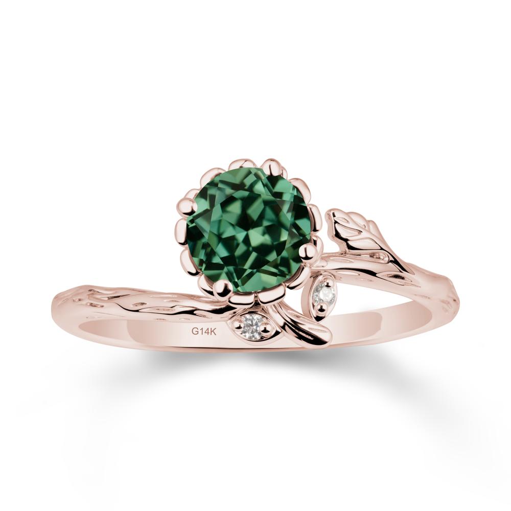 Woodgrain Textured Band Floral Green Sapphire Ring - LUO Jewelry #metal_14k rose gold