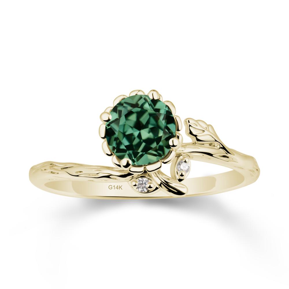 Woodgrain Textured Band Floral Green Sapphire Ring - LUO Jewelry #metal_14k yellow gold