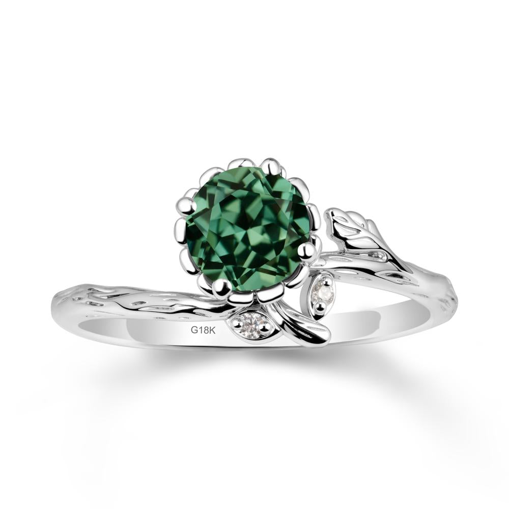 Woodgrain Textured Band Floral Green Sapphire Ring - LUO Jewelry #metal_18k white gold