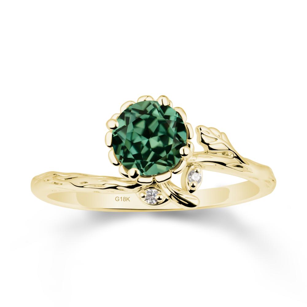 Woodgrain Textured Band Floral Green Sapphire Ring - LUO Jewelry #metal_18k yellow gold