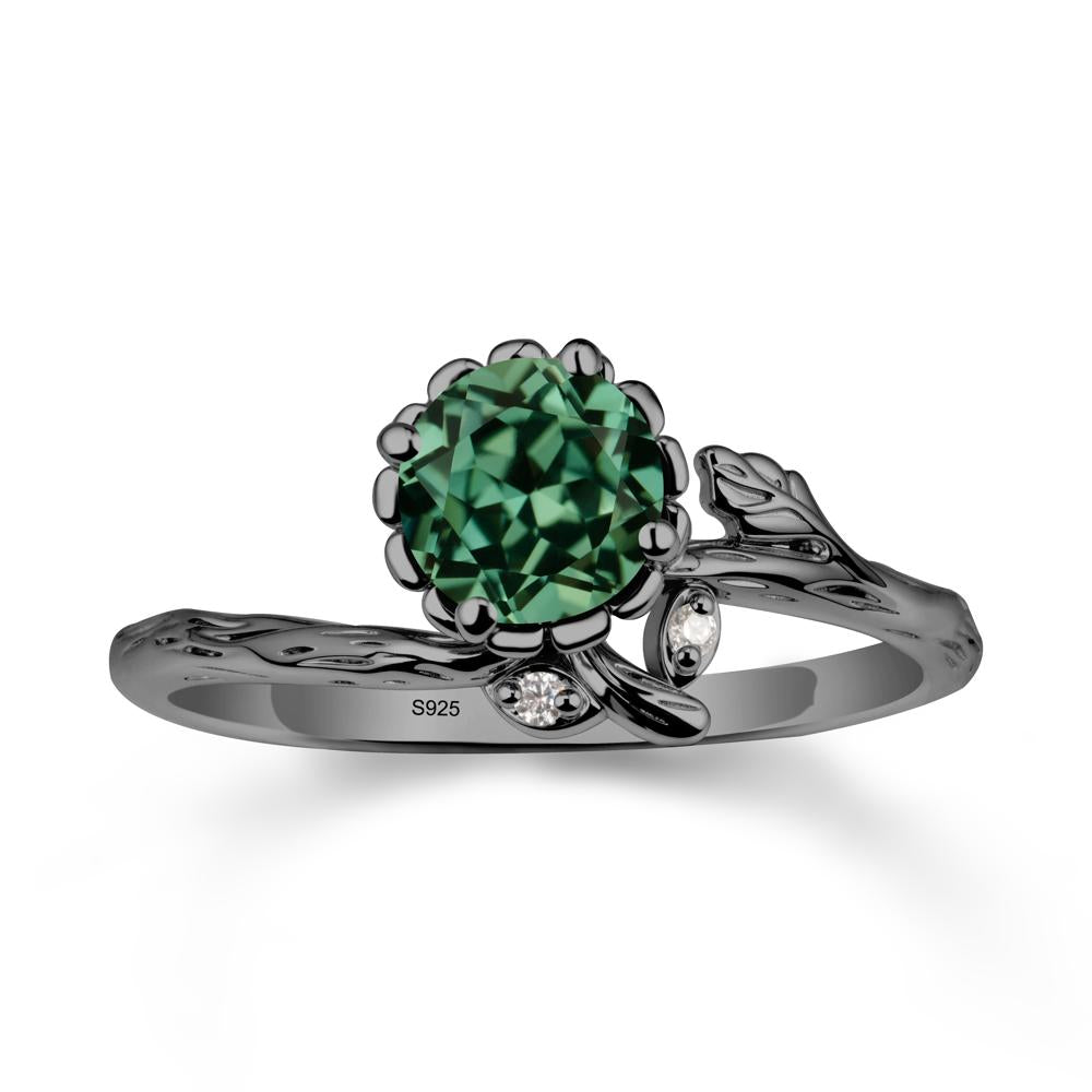Woodgrain Textured Band Floral Green Sapphire Ring - LUO Jewelry #metal_black finish sterling silver