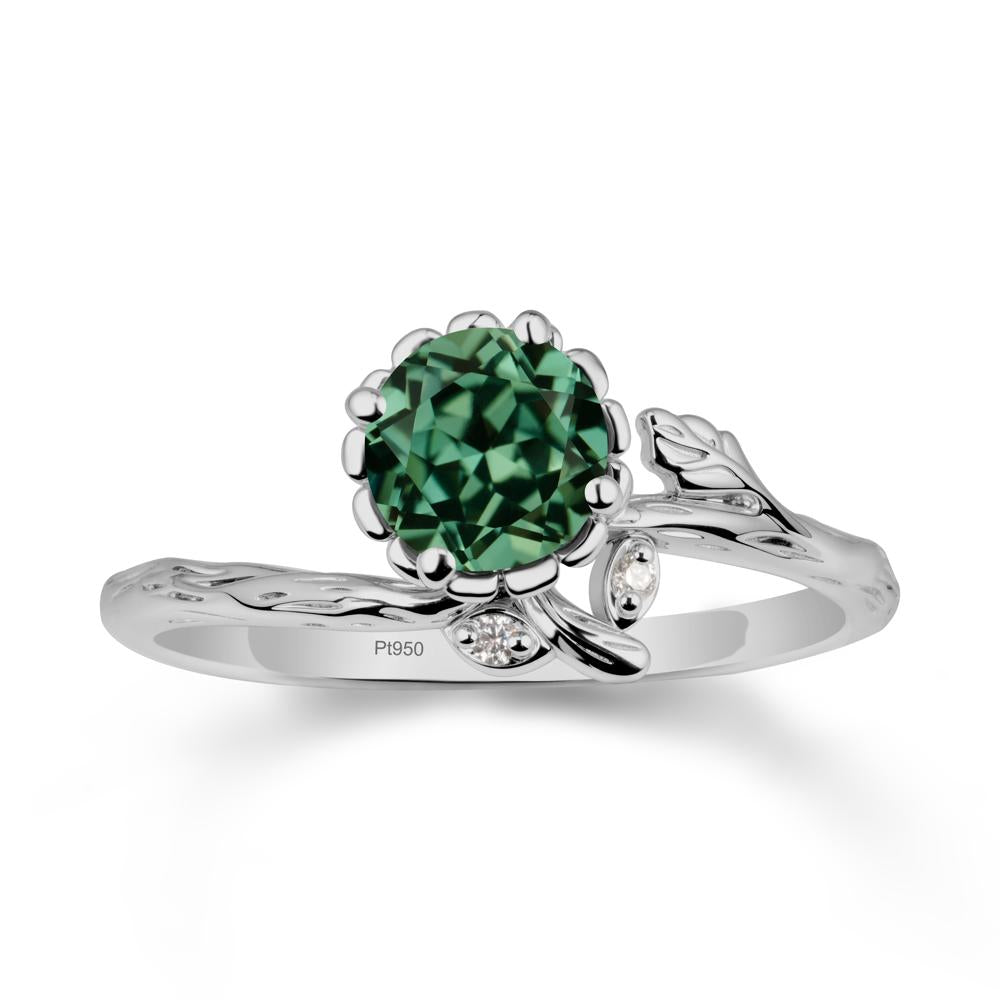 Woodgrain Textured Band Floral Green Sapphire Ring - LUO Jewelry #metal_platinum