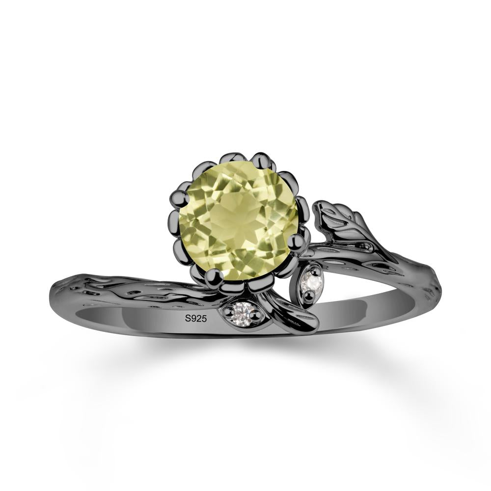 Floral Lemon Quartz Ring with Leaf - LUO Jewelry #metal_black finish sterling silver