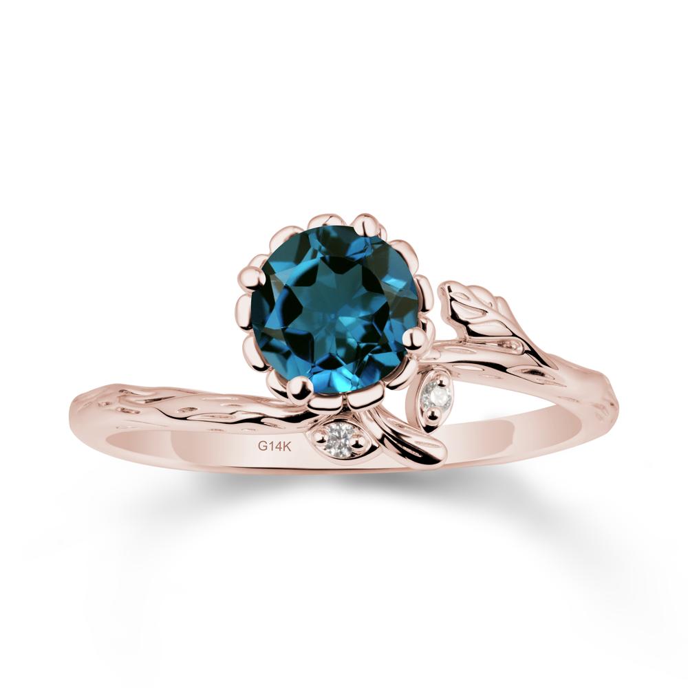 Woodgrain Textured Band Floral London Blue Topaz Ring - LUO Jewelry #metal_14k rose gold