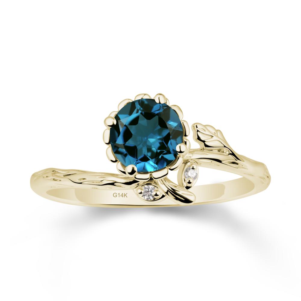 Woodgrain Textured Band Floral London Blue Topaz Ring - LUO Jewelry #metal_14k yellow gold