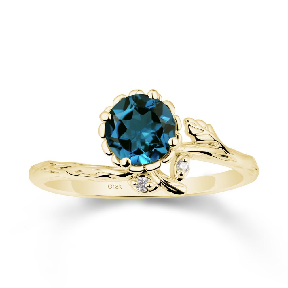 Woodgrain Textured Band Floral London Blue Topaz Ring - LUO Jewelry #metal_18k yellow gold