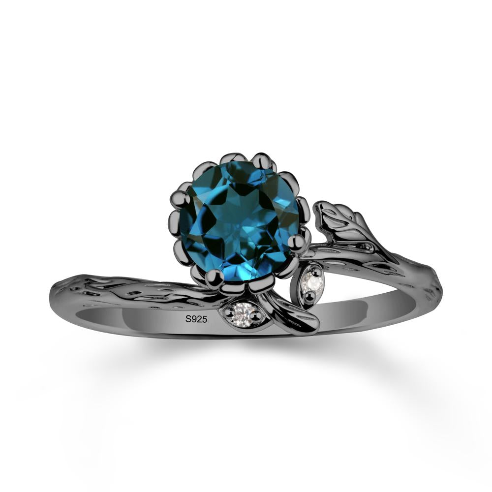 Woodgrain Textured Band Floral London Blue Topaz Ring - LUO Jewelry #metal_black finish sterling silver