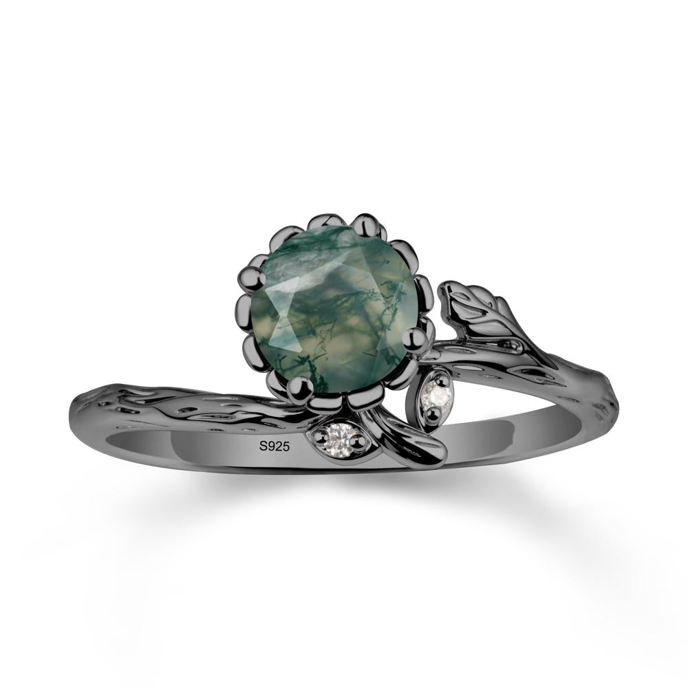 Floral Moss Agate Ring with Leaf - LUO Jewelry #metal_black finish sterling silver