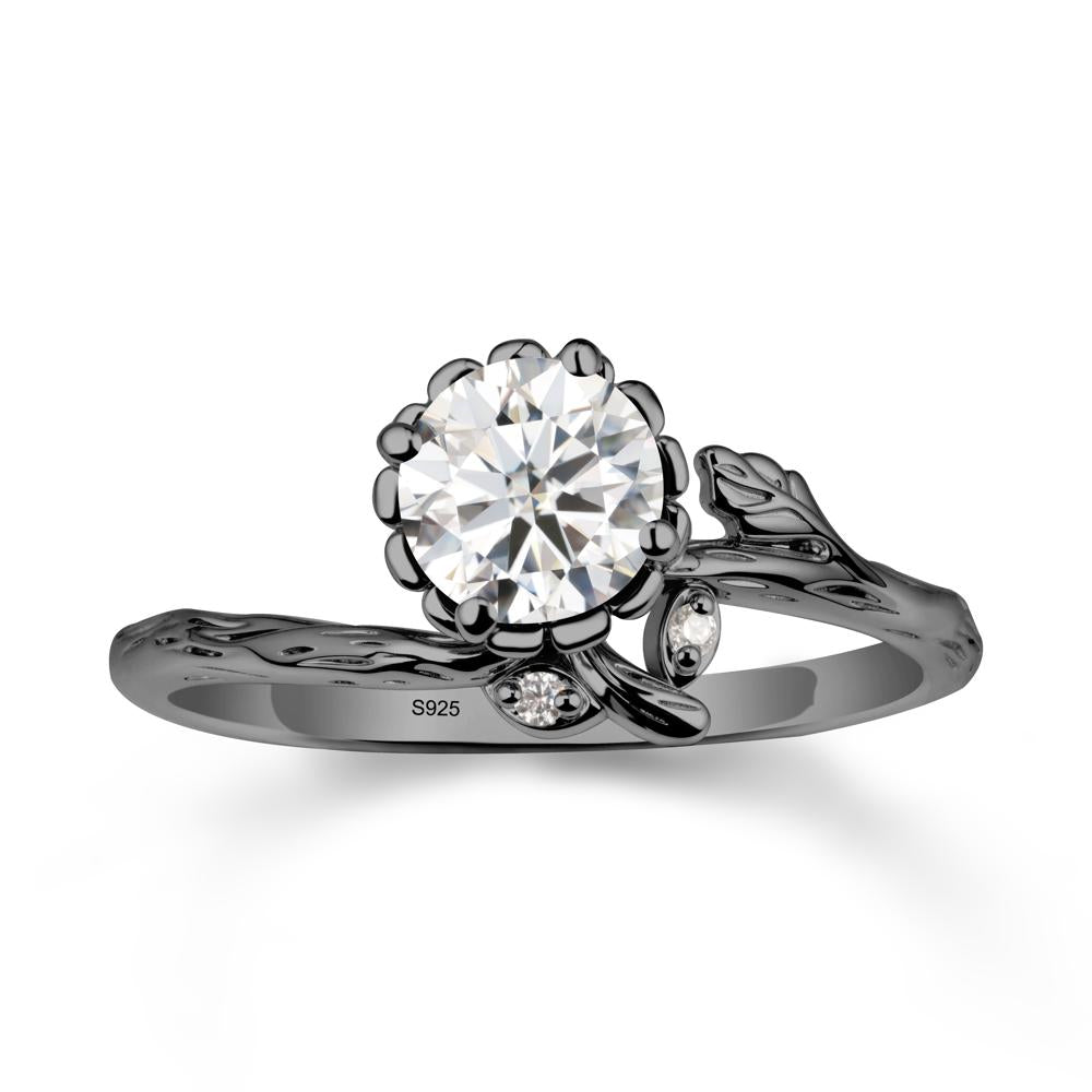 Floral Moissanite Ring with Leaf - LUO Jewelry #metal_black finish sterling silver