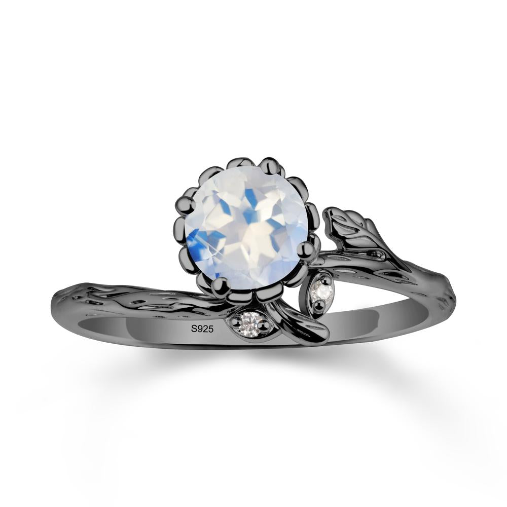 Woodgrain Textured Band Floral Moonstone Ring - LUO Jewelry #metal_black finish sterling silver