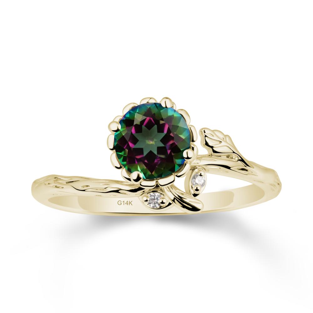 Woodgrain Textured Band Floral Mystic Topaz Ring - LUO Jewelry #metal_14k yellow gold