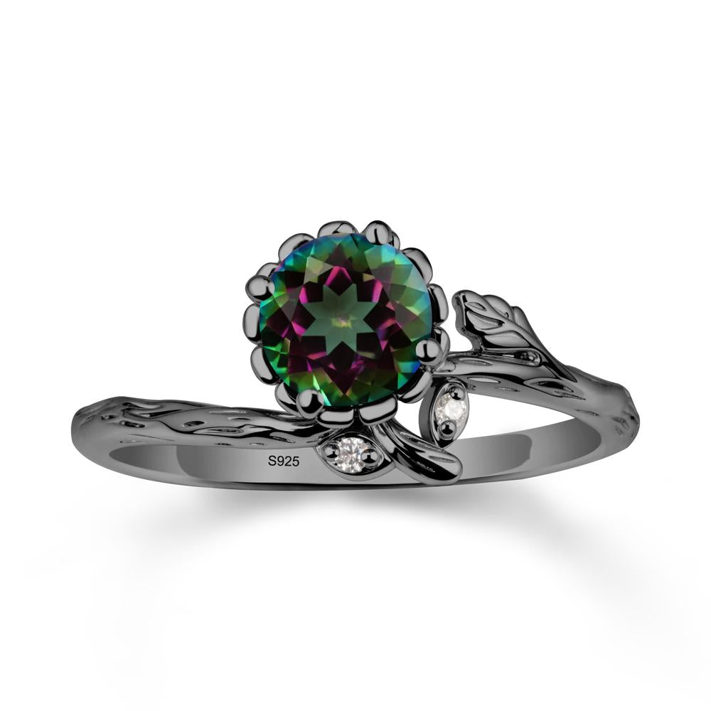 Woodgrain Textured Band Floral Mystic Topaz Ring - LUO Jewelry #metal_black finish sterling silver