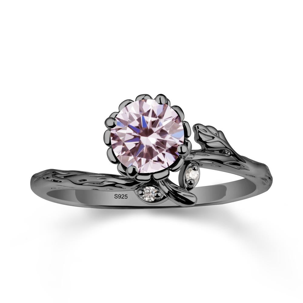 Floral Pink Cubic Zirconia Ring with Leaf - LUO Jewelry #metal_black finish sterling silver