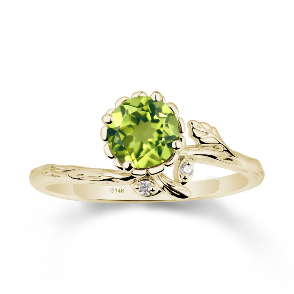 Woodgrain Textured Band Floral Peridot Ring - LUO Jewelry #metal_14k yellow gold
