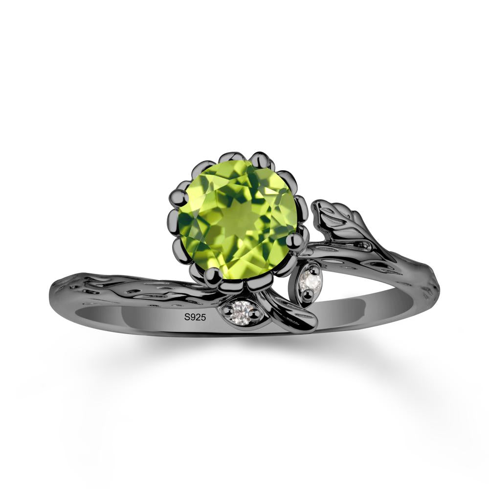 Woodgrain Textured Band Floral Peridot Ring - LUO Jewelry #metal_black finish sterling silver