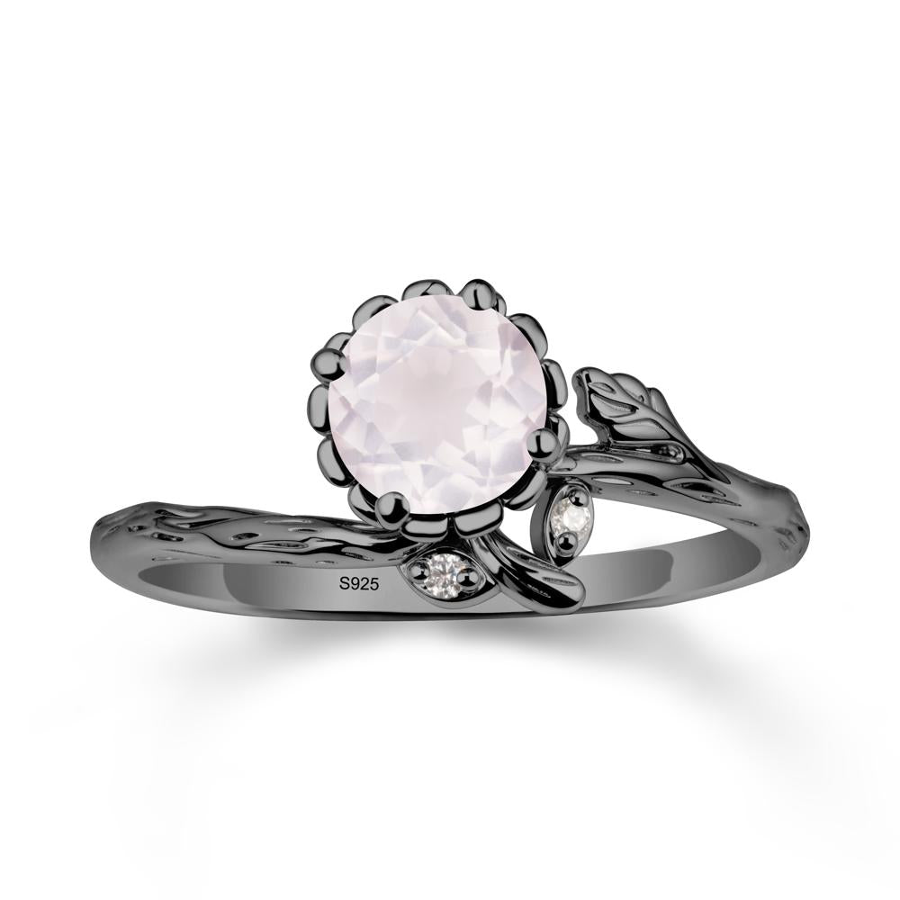 Floral Rose Quartz Ring with Leaf - LUO Jewelry #metal_black finish sterling silver