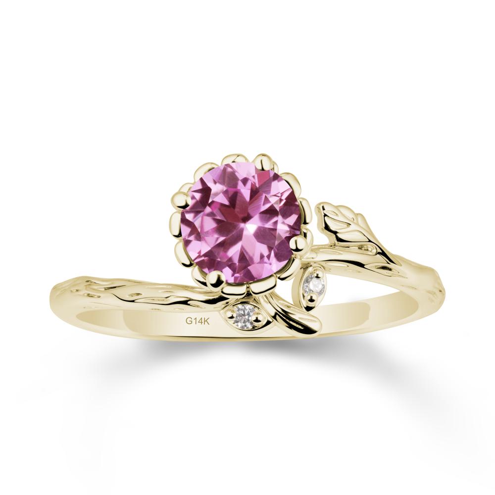 Woodgrain Textured Band Floral Pink Sapphire Ring - LUO Jewelry #metal_14k yellow gold
