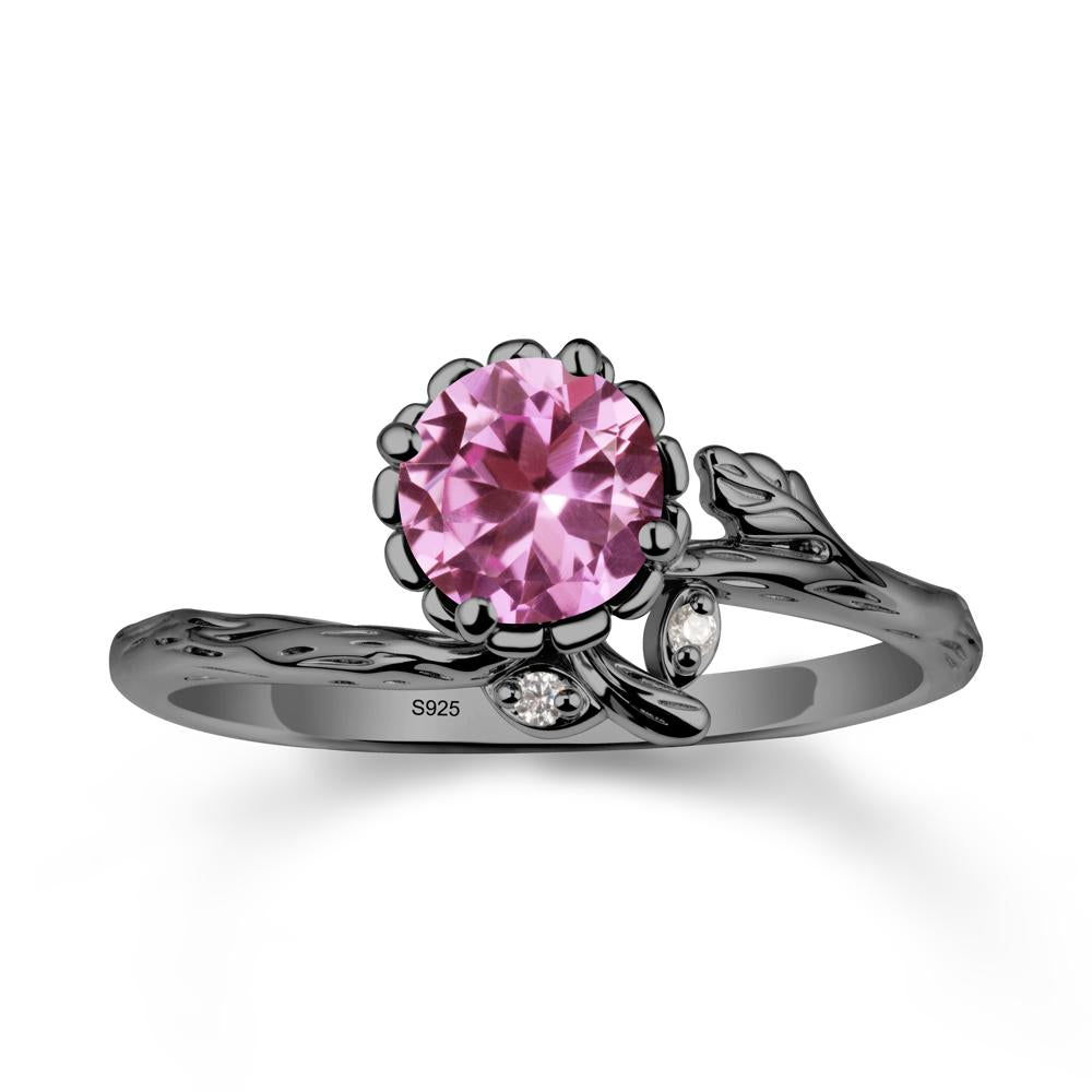 Woodgrain Textured Band Floral Pink Sapphire Ring - LUO Jewelry #metal_black finish sterling silver