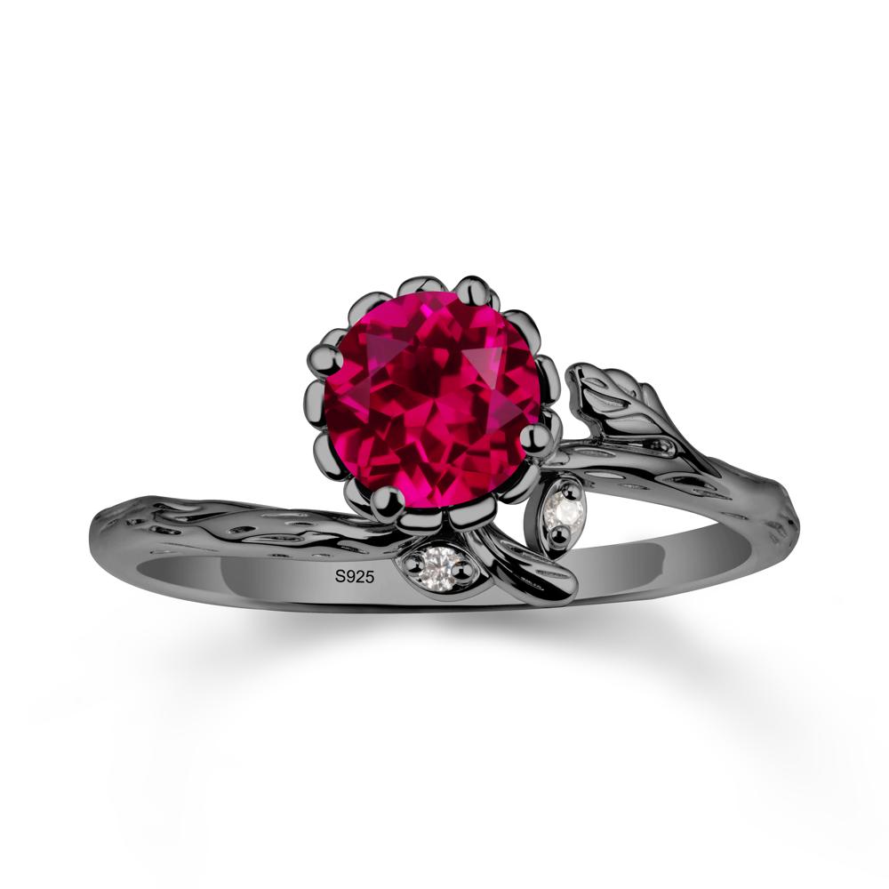 Floral Ruby Ring with Leaf - LUO Jewelry #metal_black finish sterling silver