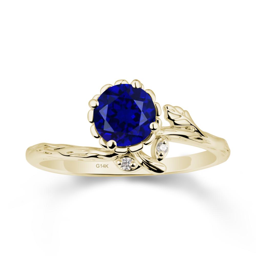 Woodgrain Textured Band Floral Sapphire Ring - LUO Jewelry #metal_14k yellow gold