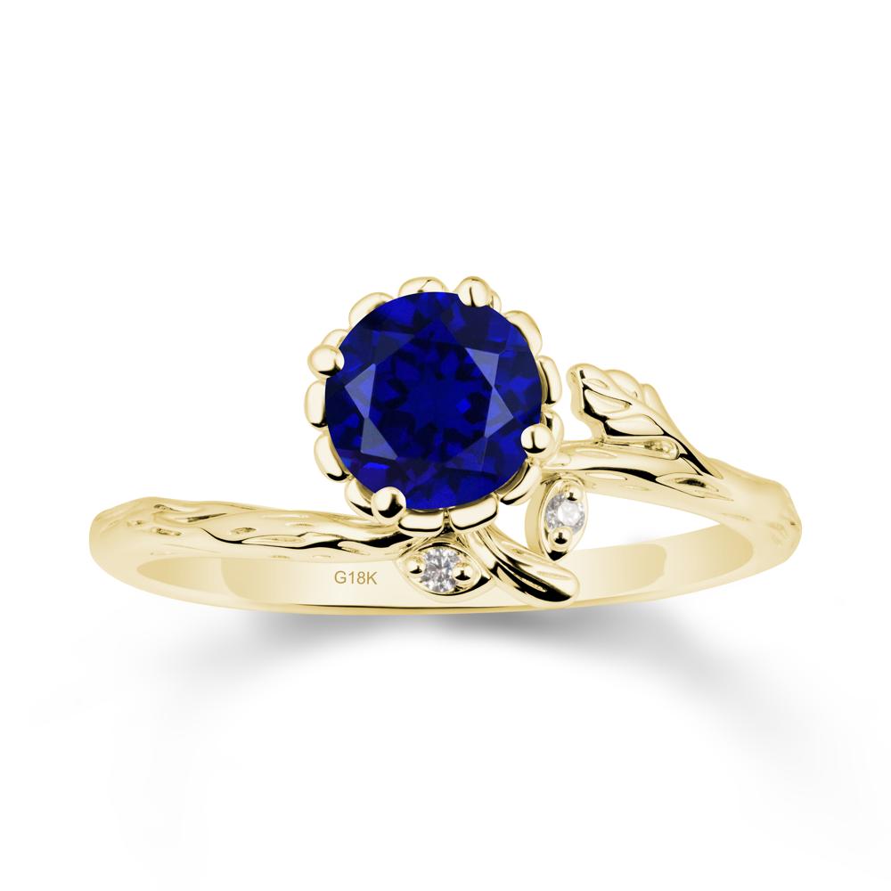 Woodgrain Textured Band Floral Sapphire Ring - LUO Jewelry #metal_18k yellow gold