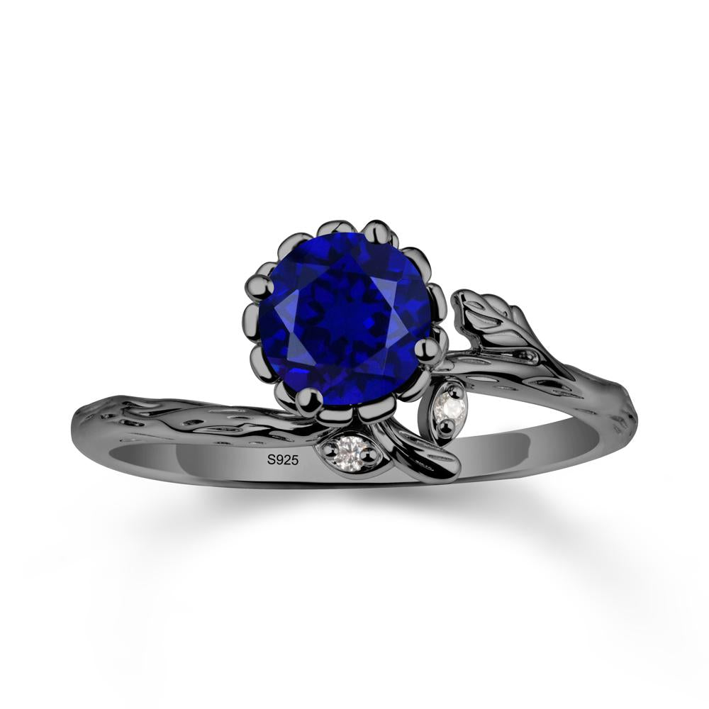 Woodgrain Textured Band Floral Sapphire Ring - LUO Jewelry #metal_black finish sterling silver