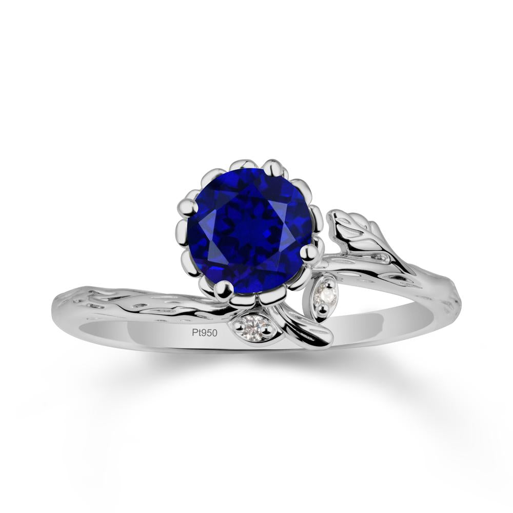 Woodgrain Textured Band Floral Sapphire Ring - LUO Jewelry #metal_platinum