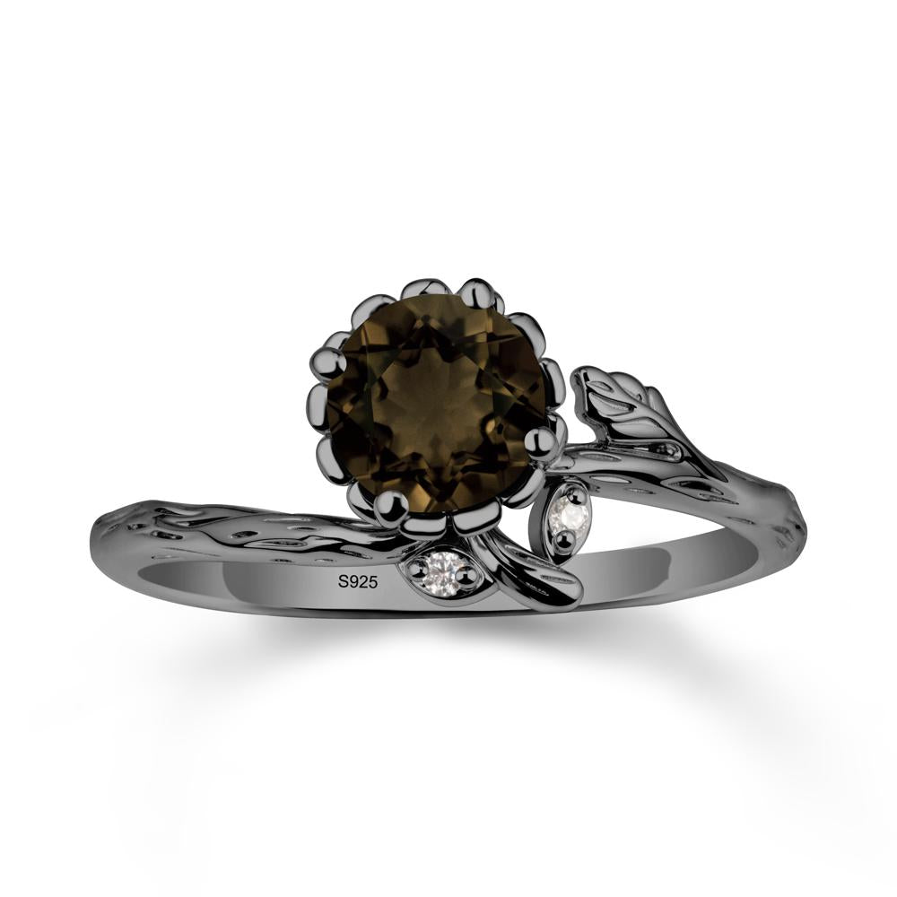 Floral Smoky Quartz Ring with Leaf - LUO Jewelry #metal_black finish sterling silver