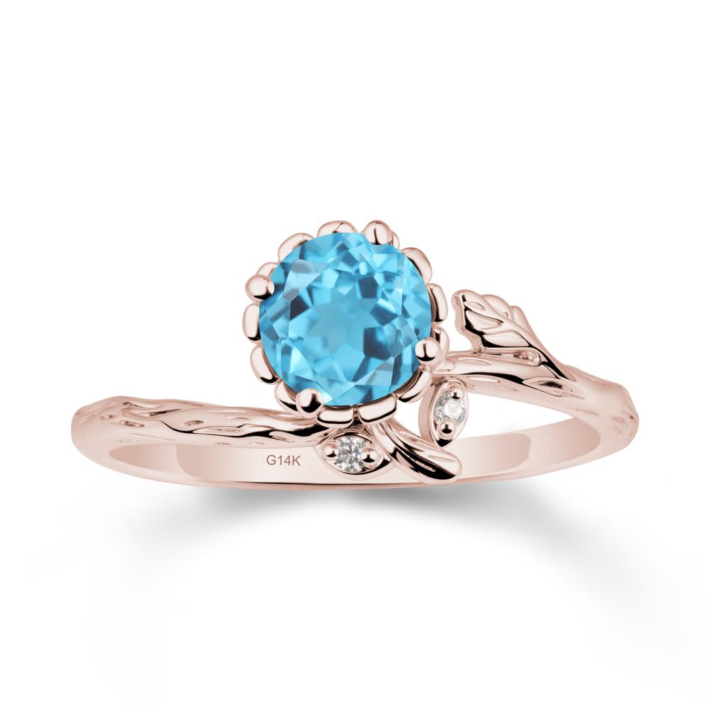 Woodgrain Textured Band Floral Swiss Blue Topaz Ring - LUO Jewelry #metal_14k rose gold