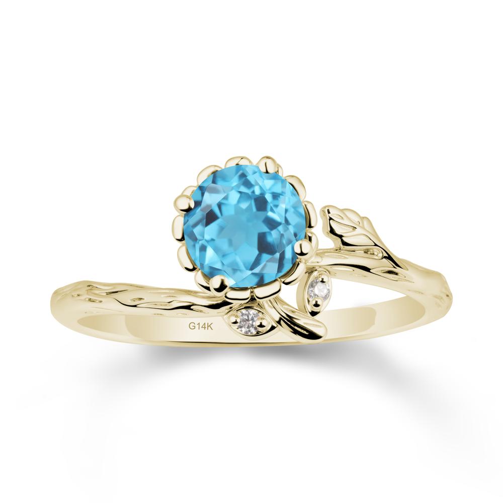 Woodgrain Textured Band Floral Swiss Blue Topaz Ring - LUO Jewelry #metal_14k yellow gold
