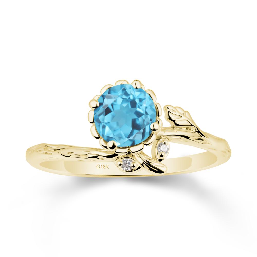 Woodgrain Textured Band Floral Swiss Blue Topaz Ring - LUO Jewelry #metal_18k yellow gold