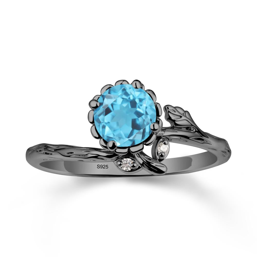 Woodgrain Textured Band Floral Swiss Blue Topaz Ring - LUO Jewelry #metal_black finish sterling silver