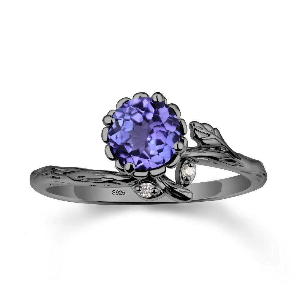 Floral Tanzanite Ring with Leaf - LUO Jewelry #metal_black finish sterling silver