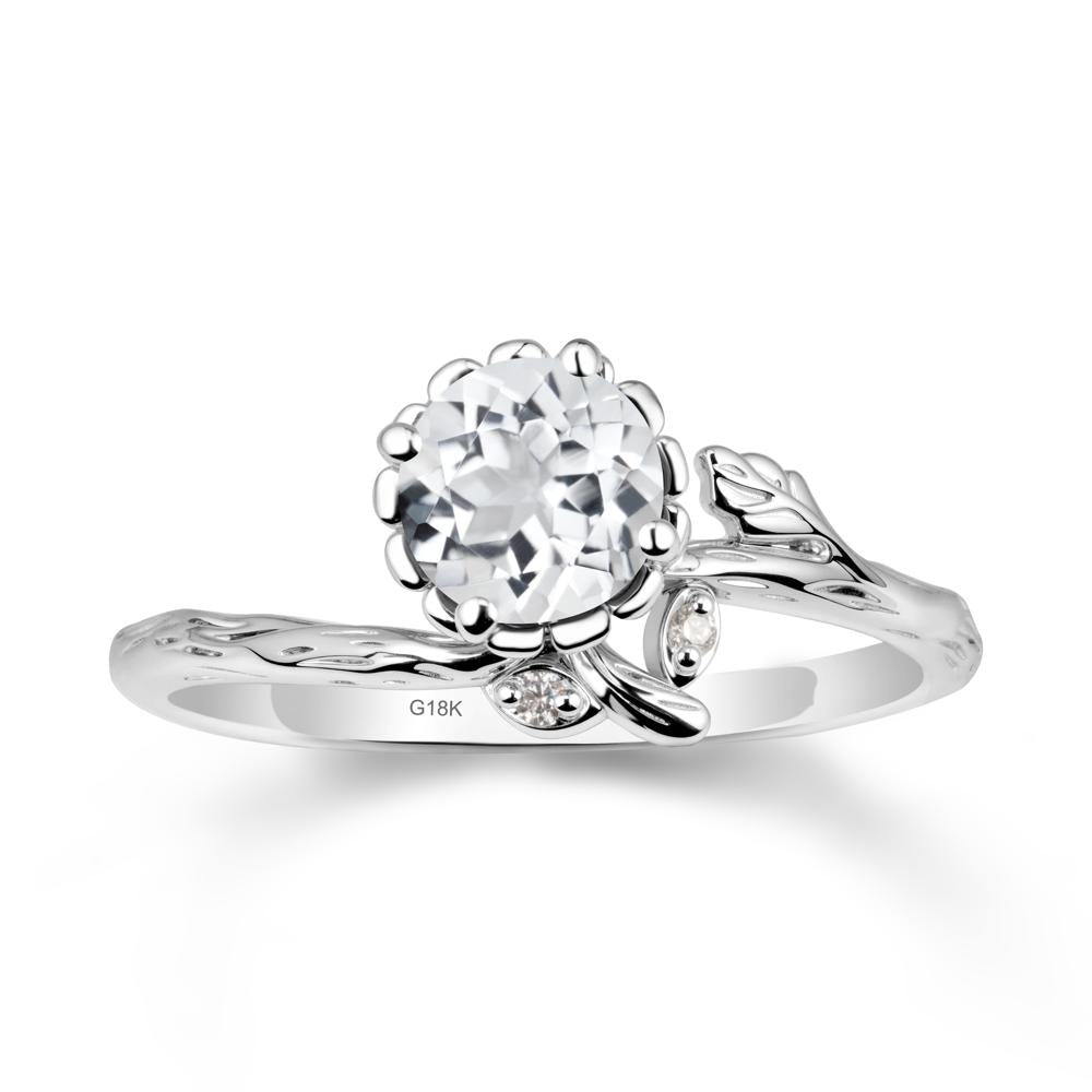 Woodgrain Textured Band Floral White Topaz Ring - LUO Jewelry #metal_18k white gold