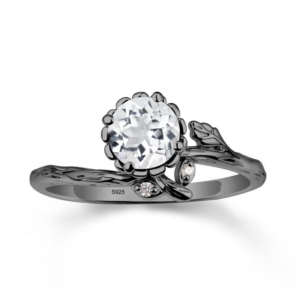 Woodgrain Textured Band Floral White Topaz Ring - LUO Jewelry #metal_black finish sterling silver